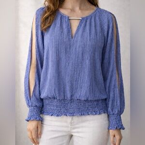 Blue Peasant Style Top With Open Sleeves & a Cinched Bottom